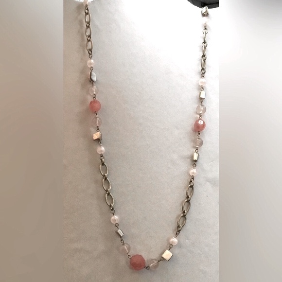 New York & Company Jewelry - 0012 NY & CO BOHO GOLDTONE PEACH FROSTED BEADED LONG LINK NECKLACE
